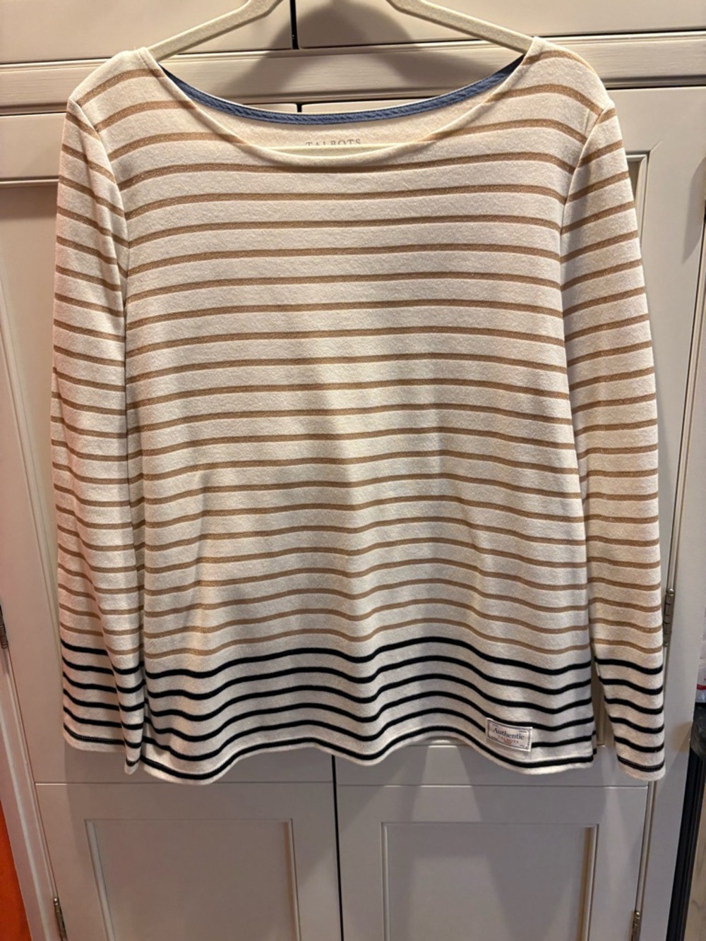 Talbots Cream and Tan Striped Long-Sleeve Top with Black Hem Stripes